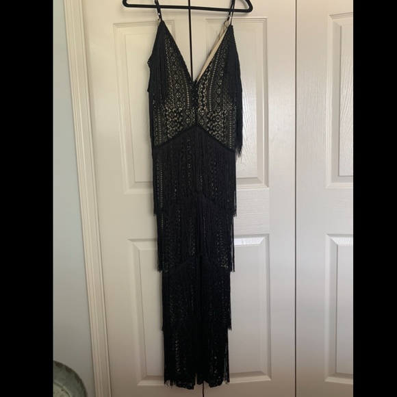 Black fitted fringe and crochet overlay jumpsuit - Picture 4 of 6